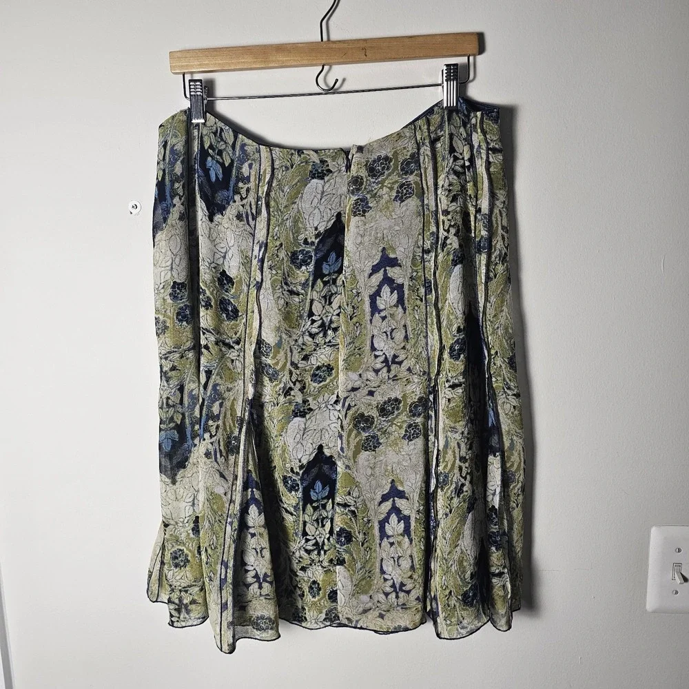 Size‎ 16 Skirt Green Blue Floral Chiffon A-Line Midi Boho Career Forest Fairy ~